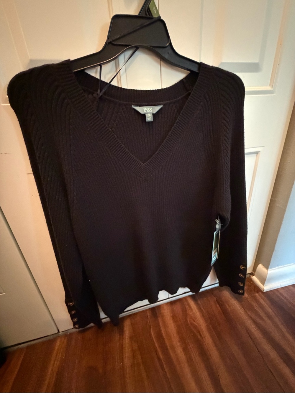 Black V-Neck Women’s Sweater set with Button Cuff and form fitting pencil skirt
